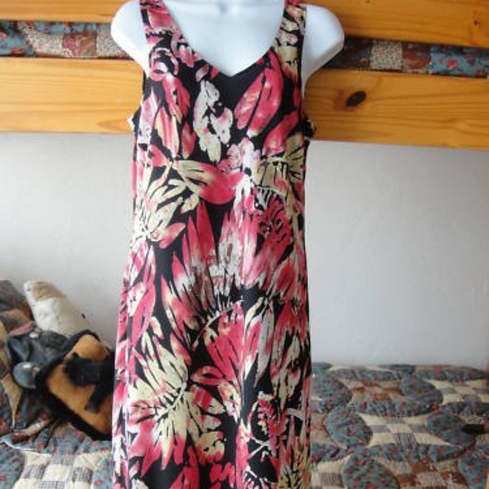 New * Beautiful SEXY * BLACK Chiffon TROPICAL FERNS FLOWERS midi slvls dress - M - Picture 1 of 4